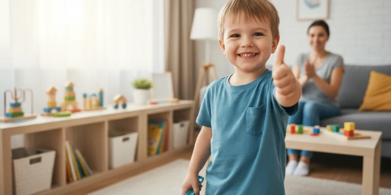 子供が片付け前後の部屋の様子を比較した写真。おもちゃの散らかった部屋から、片付いた部屋への変化が分かる。シールを使ったお手伝い表の効果を実感できる一枚。
