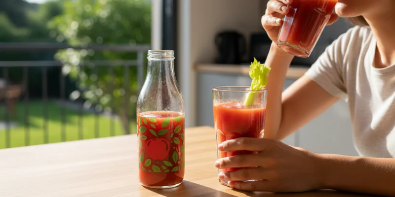 グラスに注がれたトマトジュースと、様々な種類のトマトジュースが並んだテーブル。準備不要ですぐに飲める様子を表しています。
