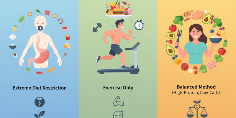様々なダイエット方法(例:極端な食事制限、運動のみ、今回紹介された方法)をイラストで比較し、それぞれのメリット・デメリットを視覚的に表現。
