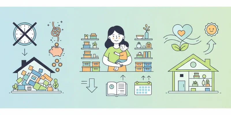 時間、ストレス、お金が減少し、余裕のある生活が得られる様子をイラストで表現。