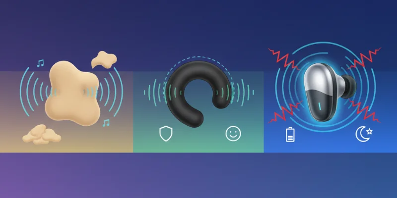 イヤーピース各種と、耳への装着方法を示すイラスト。異なるサイズのイヤーピースが示されており、装着の際の角度やコツが分かりやすく表現されている。