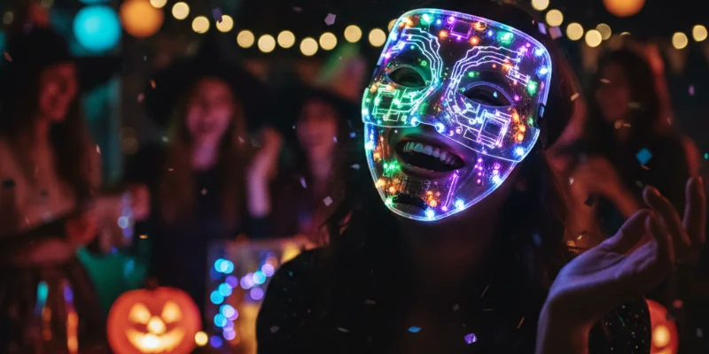 自作のLEDマスク。黒いマスクに青いLEDライトを貼り付けた手作り作品。暗い部屋で幻想的な雰囲気を演出。友人たちとハロウィンパーティーで使用し好評だった。