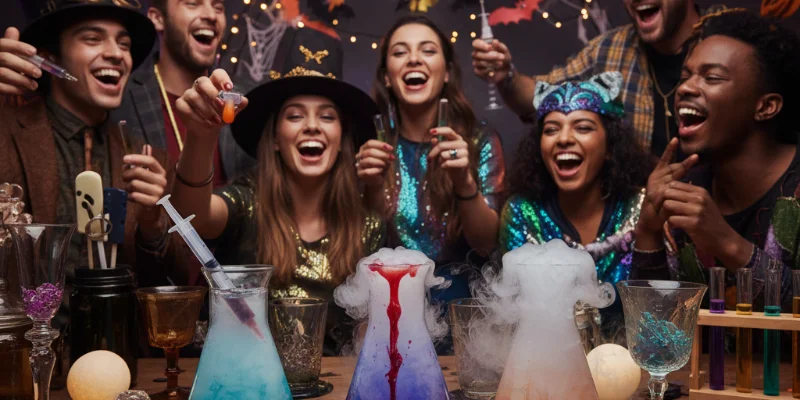 ハロウィンパーティーで、ビーカーとフラスコに入ったカラフルなカクテル。注射器に入ったシロップで、各自がオリジナルのドリンクを作る様子。