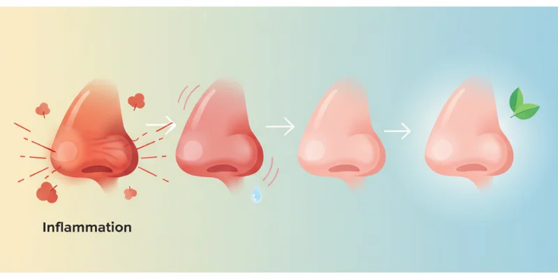 秋の葉が散る様子を描いたイラスト。鼻うがい後の爽快感を表現しており、夜ぐっすり眠れた体験と関連付けています。