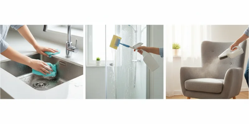 落ち葉や砂埃を吹き飛ばすブロワーを使用している様子。玄関先やサッシのレールなど、細かいゴミの掃除に活躍している様子が写っています。