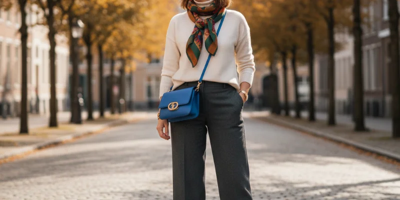 秋のベーシックアイテムを使った着回しコーデ例。白のTシャツ、黒パンツ、ベージュジャケットなど、シンプルな定番アイテムを組み合わせたコーディネートが紹介されています。