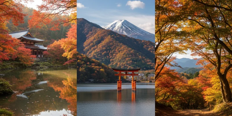 日光の紅葉名所、東照宮や中禅寺湖などの周辺を彩る美しい紅葉風景。鮮やかな紅葉と歴史的建造物のコントラストが魅力。