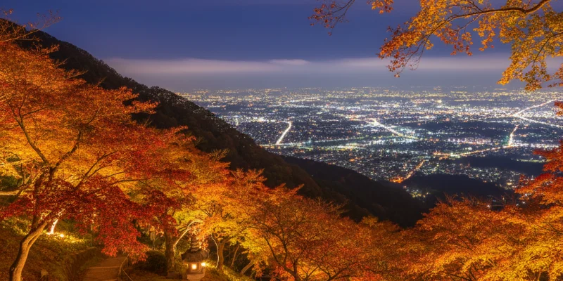 紅葉した山々を背景に、ケーブルカーが上昇していく様子。空は晴れ渡り、秋晴れの絶景が楽しめる。