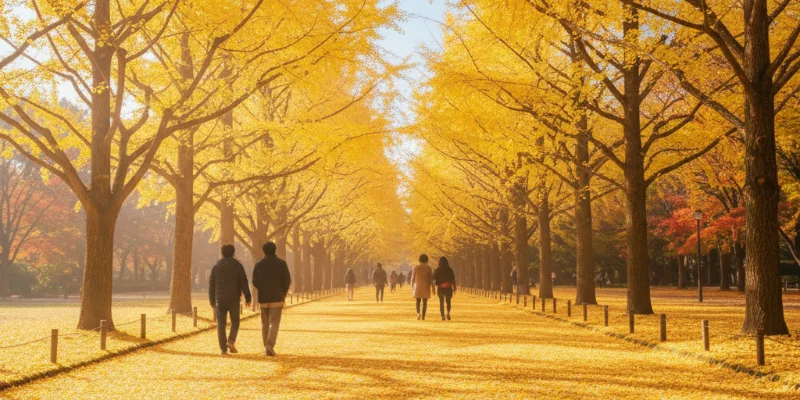 燃えるような赤色の紅葉と、せせらぎの音を聞きながら歩く渓谷の散策路。川の中の飛び石や、落ち葉を踏みしめる様子が写った写真。紅葉狩りハイキングの爽快な様子が伝わる一枚。