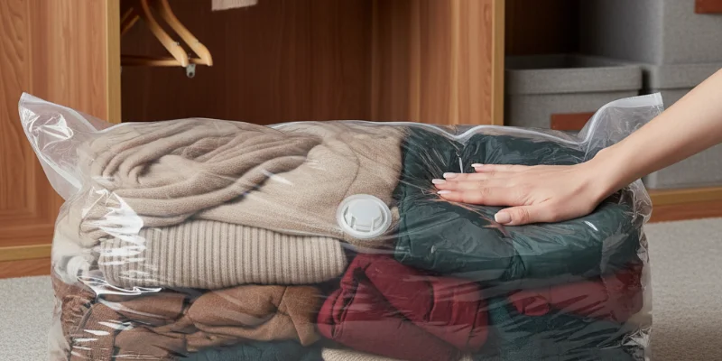 衣類圧縮袋6枚セット。大サイズの圧縮袋が積み重ねられ、収納されている様子。