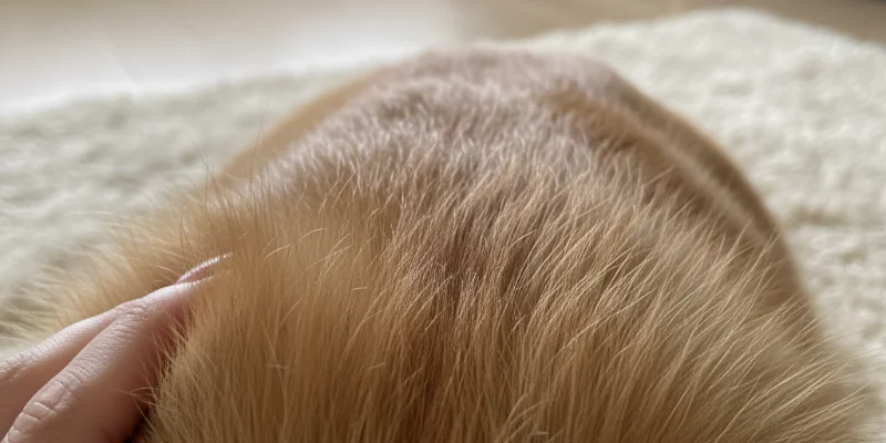 秋に換毛期の犬が、ブラッシングされている様子。大量の抜け毛がブラシに付着している。