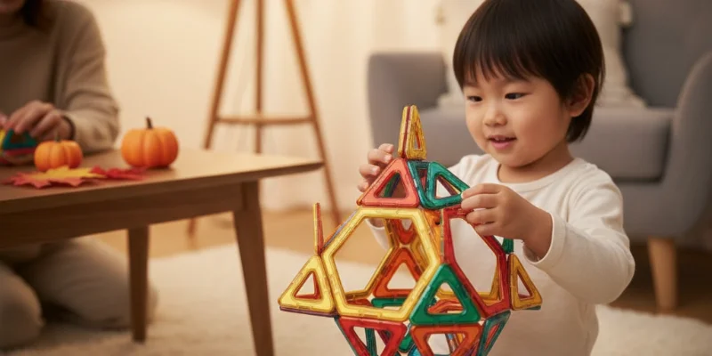 3歳の子供がカラフルなブロックで飛行機や動物などを作っている様子。集中して遊んでいる様子がわかる写真。