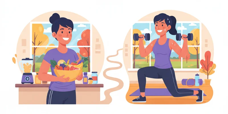 自宅でできる筋トレのイラスト。スクワット、腕立て伏せ、プランクを行う女性が描かれている。秋の夜長の自宅トレーニングに最適な、効率的な全身トレーニングの様子を表している。