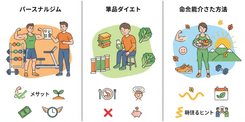 秋らしい色合いのイラストレーション。健康的な体とダイエット、運動による効果を表現。体力向上、姿勢改善、自信の向上といったポジティブな変化を視覚的に示しています。