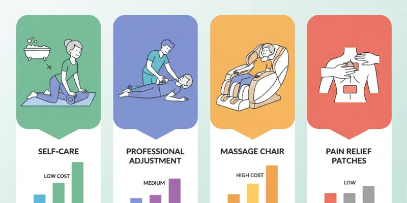 腰痛と体の凝りに悩む主婦が、セルフケアを実践する様子を描いたイラスト。フォームローラーを使用したり、入浴剤に浸かったりする様子が描かれています。