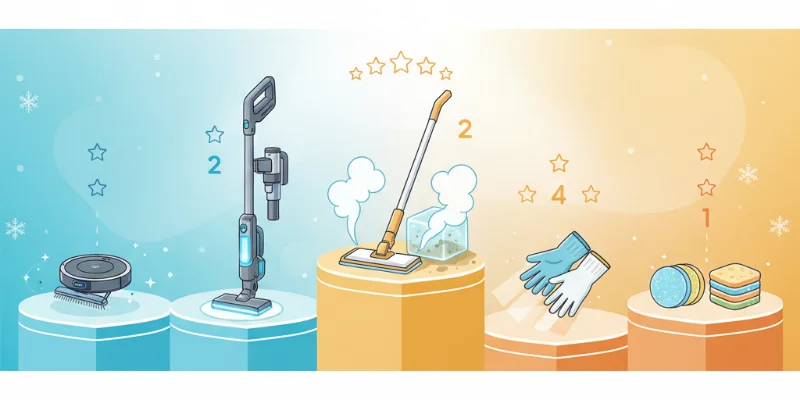 コードレス掃除機を使って、階段やエアコンフィルターなど、様々な場所を簡単に掃除しているイラスト