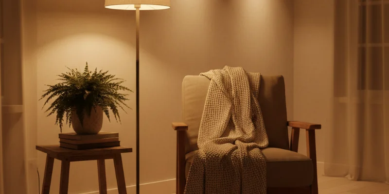 腰まで覆う筒状の暖房器具を使用している様子。薄着の上半身と、暖かく覆われた下半身の温度差がわかる写真。電気代節約効果を実感した様子を表す。