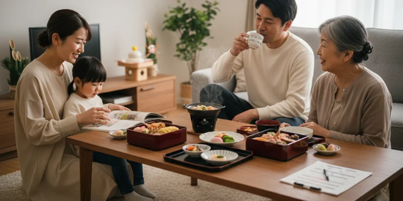 穏やかな笑顔で、家族とゆっくりと過ごしている様子。落ち着いた雰囲気の部屋で、おせち料理の一部が写っている。