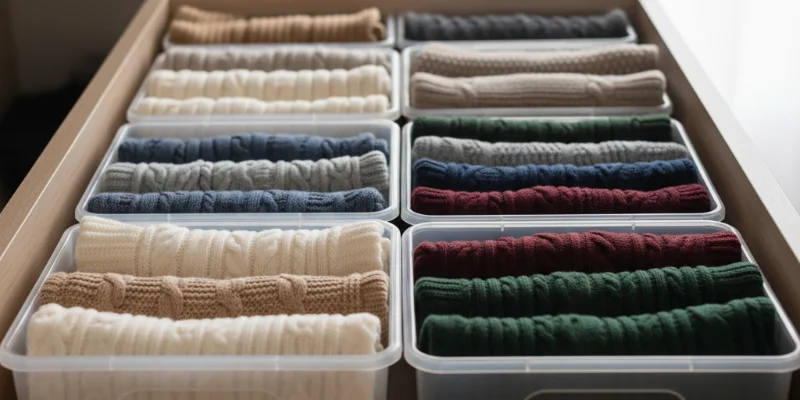 収納ボックスの乳白色の本体と頑丈な引き出し。中身が透ける程度の透け感で、生活感を抑えつつ収納物を確認できる。