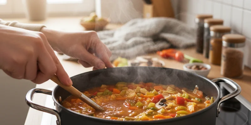 ダイエットスープの調理風景。鍋に野菜や缶詰が入っており、熱々のスープが出来上がっている様子。