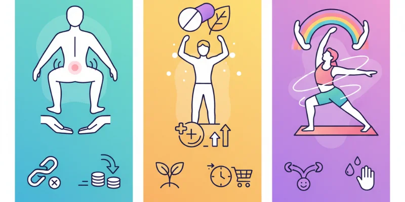 腰痛と肩こりに悩む主婦のイラスト。背中を丸め、肩や腰に痛みを感じている様子が描かれています。