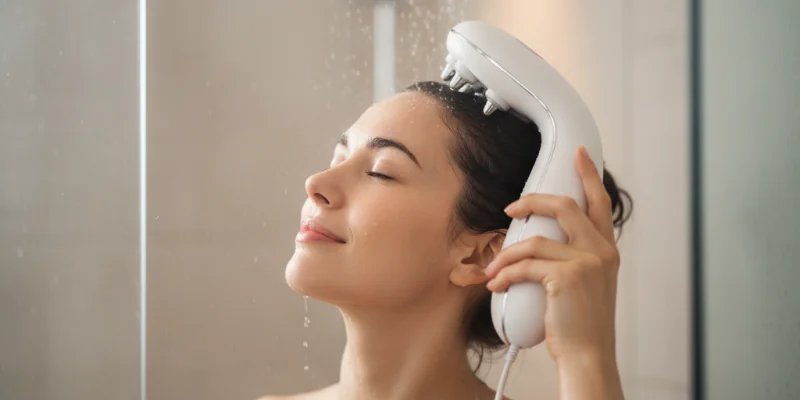 ふわふわとした肌触りの高級タオル。洗顔後の肌に優しく吸水し、何度洗濯しても柔らかさが持続する様子を写した写真。