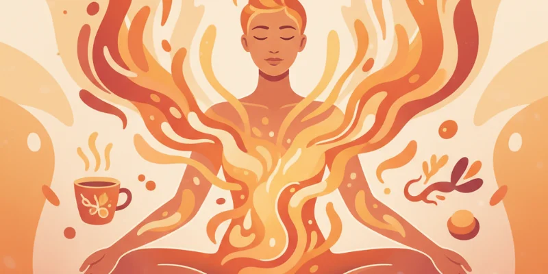 乾燥肌対策で実践した5つのケアの効果を表すイラスト。しっとりとした肌と、温かい飲み物でリラックスする様子が描かれています。