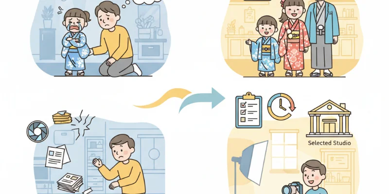 よくある失敗例(ぐずっている子供、予算オーバーなど)と、それを防ぐための具体的な対策(準備リスト、時間管理など)を分かりやすくイラスト化。