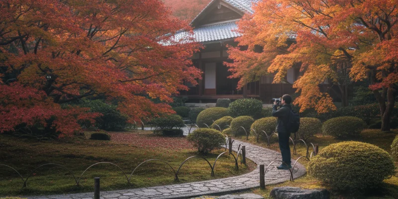 早朝に訪れた箱根美術館、静かに紅葉を鑑賞する様子を写した写真。