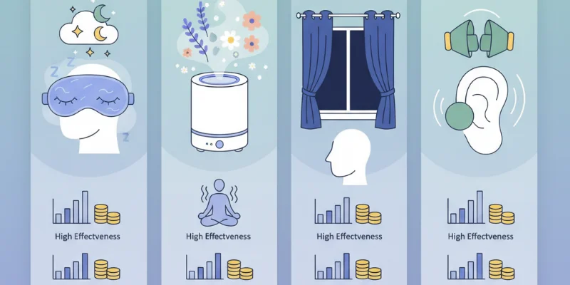 様々な健康グッズを試した様子をイラストで表現。アイマスク、アロマディフューザー、遮光カーテンに加え、耳栓やサプリメントなども使用した様子が描かれています。