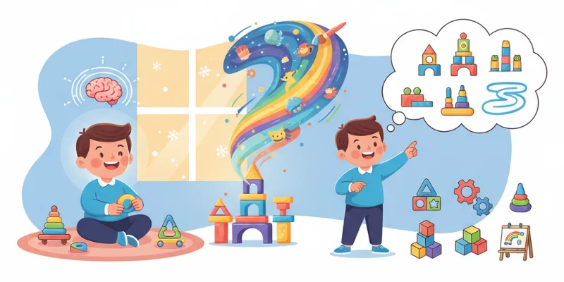 3歳児が冬らしいおもちゃで遊んでいる様子。集中して遊び、創造性を育んでいる様子が写っています。