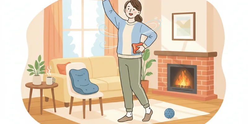 自宅で簡単にできる肩こり・腰痛対策を実践し、笑顔で家事をする女性の後ろ姿。正しい姿勢で体幹を強化し、痛みの根本原因に対処している様子を表しています。