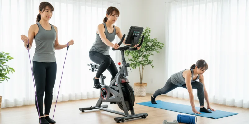 忙しいママ向けフィットネスガイドのイラスト。自宅でできる簡単なエクササイズや、適切な運動用品の選び方を示唆する画像。