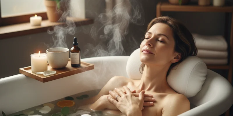 穏やかな表情で眠る女性。落ち着いた寝室で、質の高い睡眠による疲労回復の様子を表しています。