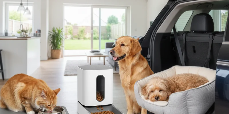 ステンレス製食器、自動給餌器、ペット用カーシートの3点。それぞれ実用性や利便性を確認できる写真です。