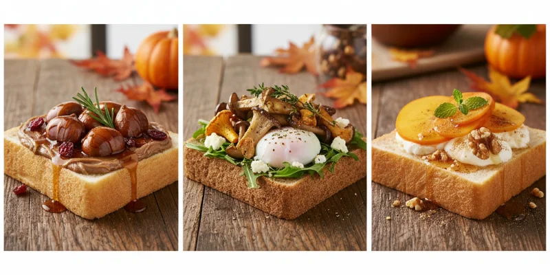 3種類の食パンそれぞれに、秋らしい食材(栗、きのこ、柿など)を合わせた料理の写真。スタイリッシュで食欲をそそる写真。
